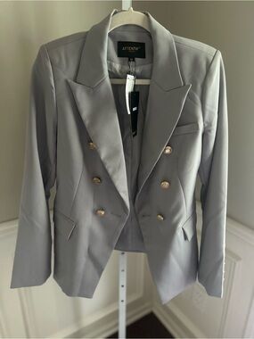 French Double-Breasted Gray Women's Blazer with Gold Buttons